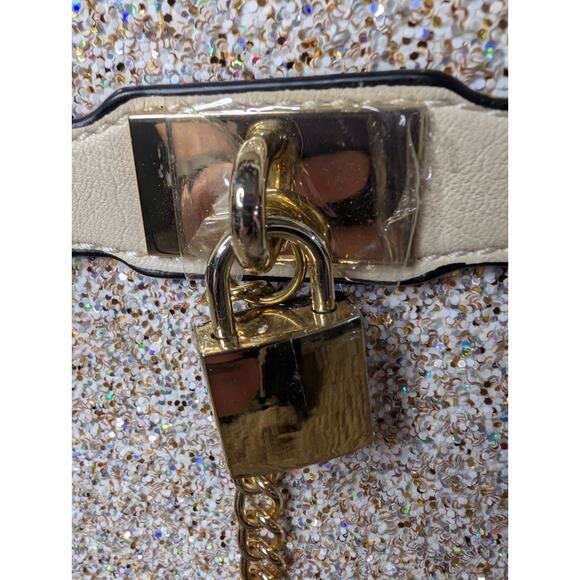 Aldo Cream & Gold Glitter Sparkly Handbag Purse With Lock And Key - Picture 8 of 12